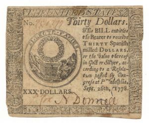 $30 Continental Currency dated Sept. 26, 1778 - U.S. Paper Money