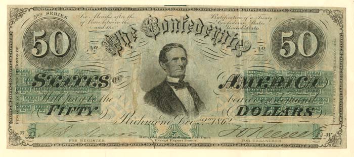 Confederate $50 Note - T-50 CR-356 - Richmond, Virginia - Jefferson Davis Vignette - Confederate Paper Money