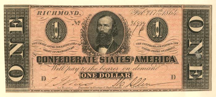 Confederate $1 Note - T-71 CR-576 - Currency of the Confederacy