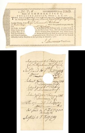 1781-1788 dated Continental Army Connecticut Line Bond or Note issued to a Revolutionary War Soldier Signed by John Lawrence - Extremely Popular