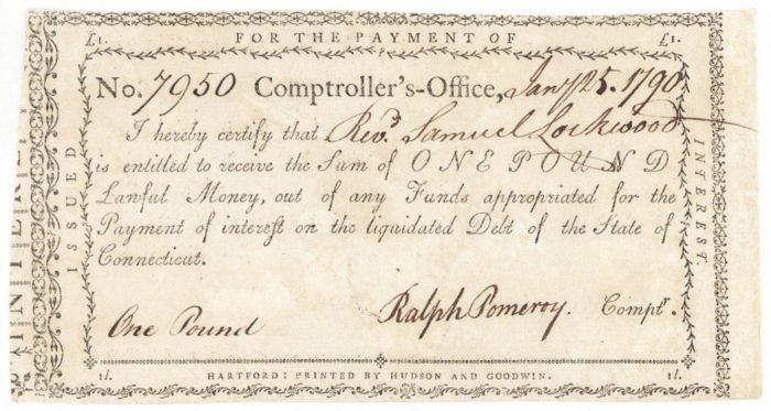 1789-92 dated Ralph Pomeroy signed Payment Notice - Connecticut - American Revolutionary War