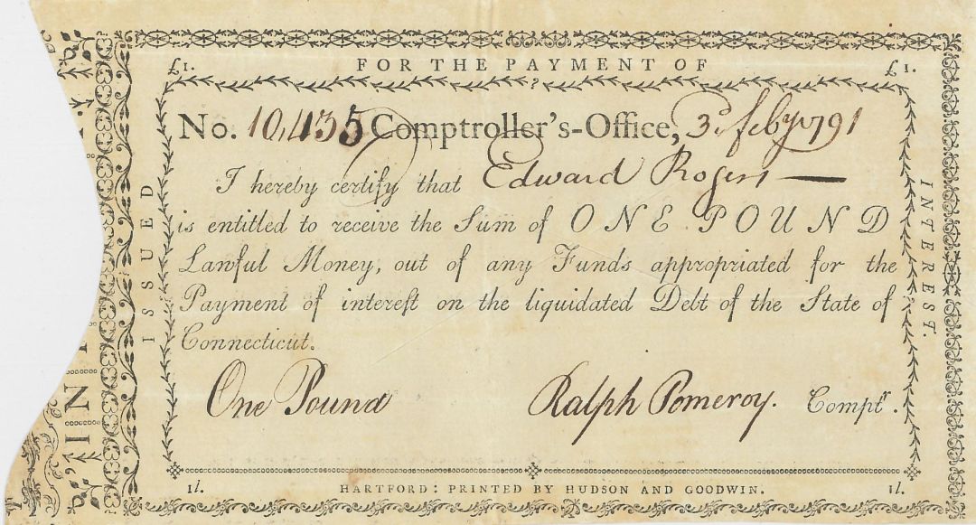 1789-92 dated Ralph Pomeroy signed Payment Notice - Connecticut - American Revolutionary War