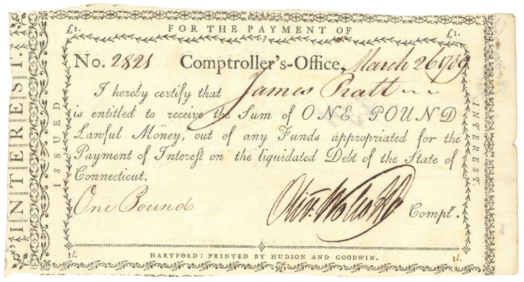 Oliver Wolcott Jr. signed Payment Notice dated 1788-89 - Connecticut - American Revolutionary War
