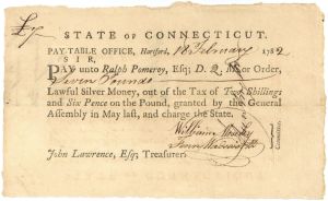 Revolutionary War Pay Order dated 1781-82 Signed by General Jedediah Huntington - Connecticut - Extremely Popular