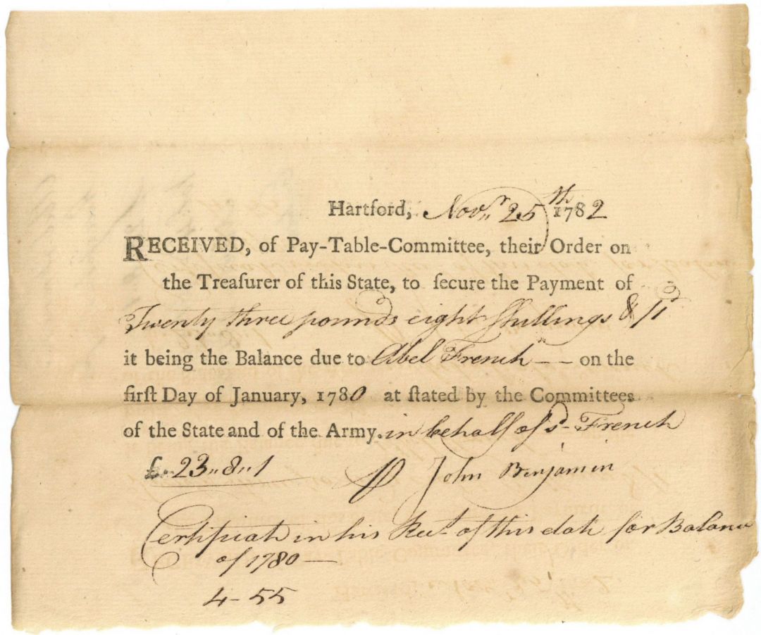 1780-1783 dated Revolutionary War "Committees of the State and of the Army" Document - Connecticut - American Revolutionary War