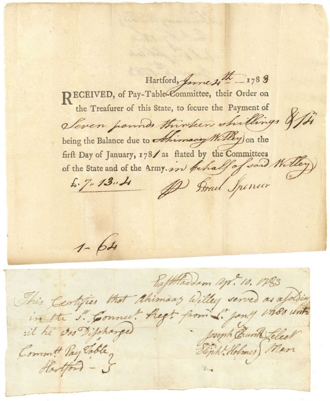 Revolutionary War Soldier Pay Order - 1780's dated Pair of Documents - American Revolution
