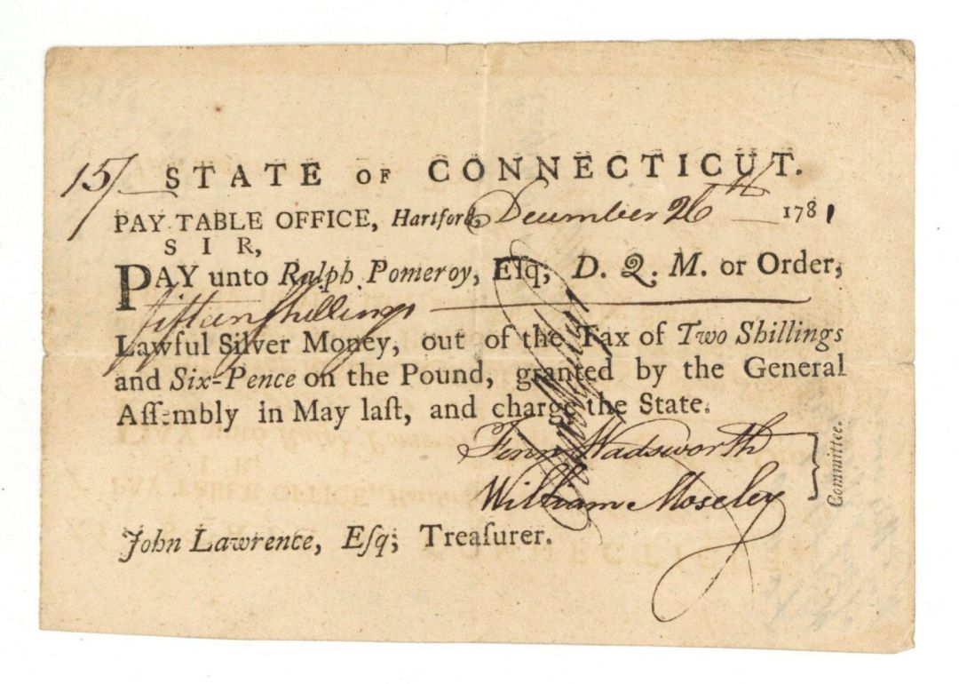 1781 dated Pay Table Office Order signed by Sam Wyllys - American Revolutionary War Autograph