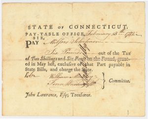 1782 dated Pay Table Office Order signed by Sam Wyllys - American Revolutionary War Autograph