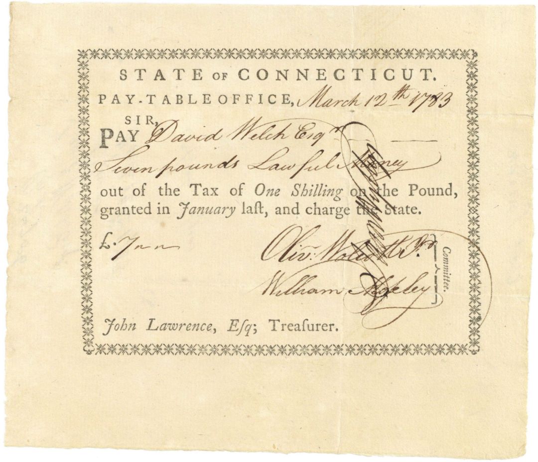1783-1788 dated Pay Table Office Order from War Taxes signed by Oliver Wolcott, Jr. - Connecticut Revolutionary War Bonds