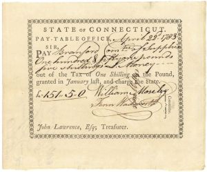 1783 dated Pay Table Office Order from War Taxes - Connecticut - American Revolutionary War Item