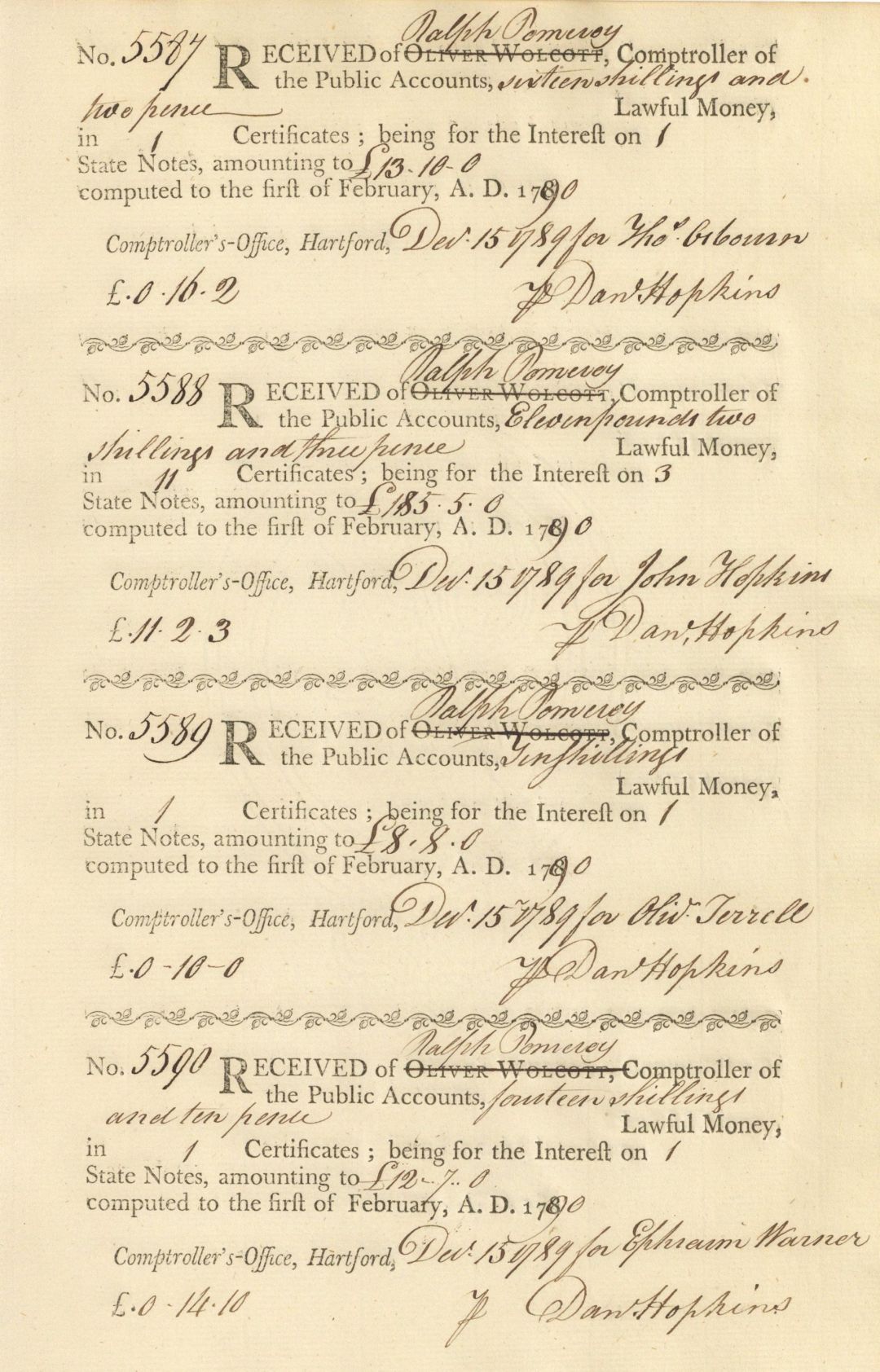 Uncut Sheet of 4 Receipts of Lawful Money - Ralph Pomeroy - Connecticut - American Revolutionary War