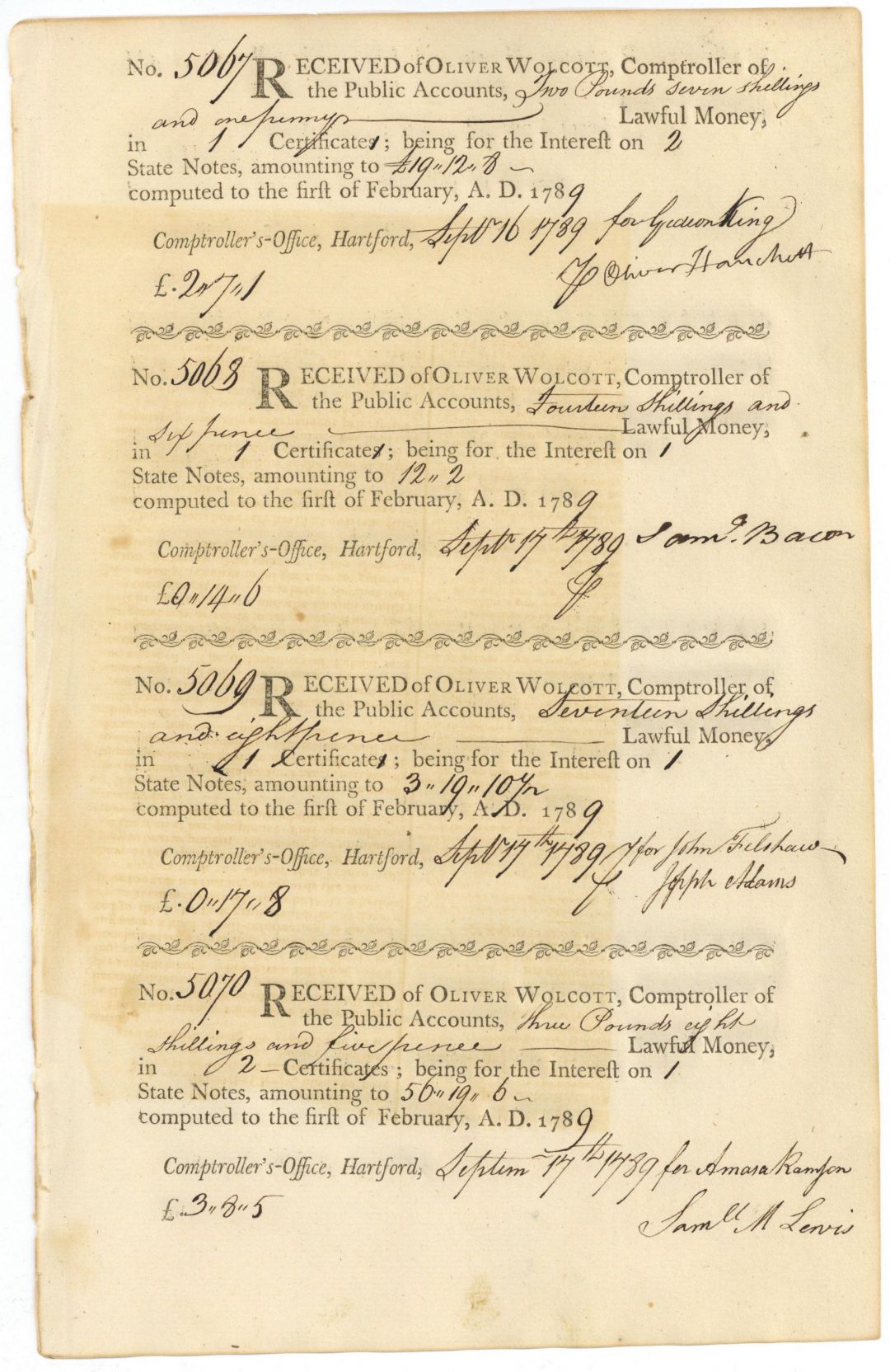 LAST ONE! 1789 Uncut Sheet of 4 Receipts of Lawful Money - Oliver Wolcott, Jr.