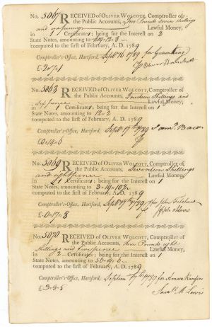 1789 Dated Uncut Sheet of 4 Receipts of Lawful Money - Oliver Wolcott, Jr.