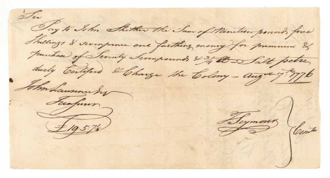 1776 dated Revolutionary War Document for Salt Petre