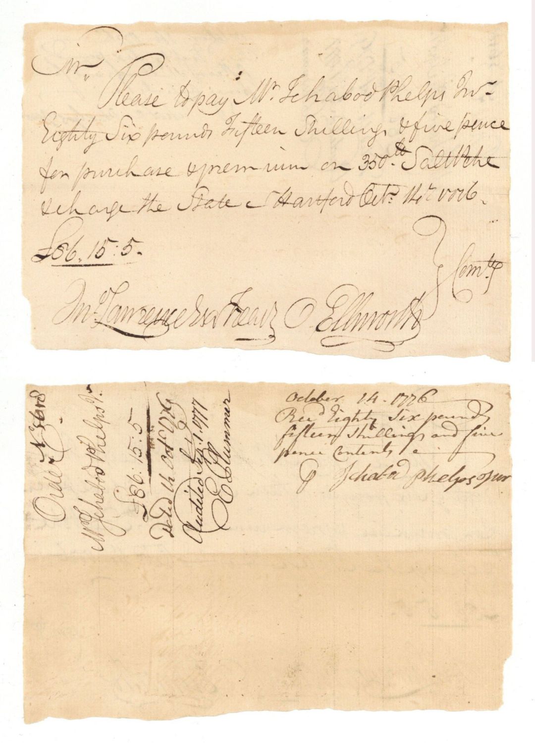 1776 dated Oliver Ellsworth signed Revolutionary War Pay Order - Connecticut Autograph Document