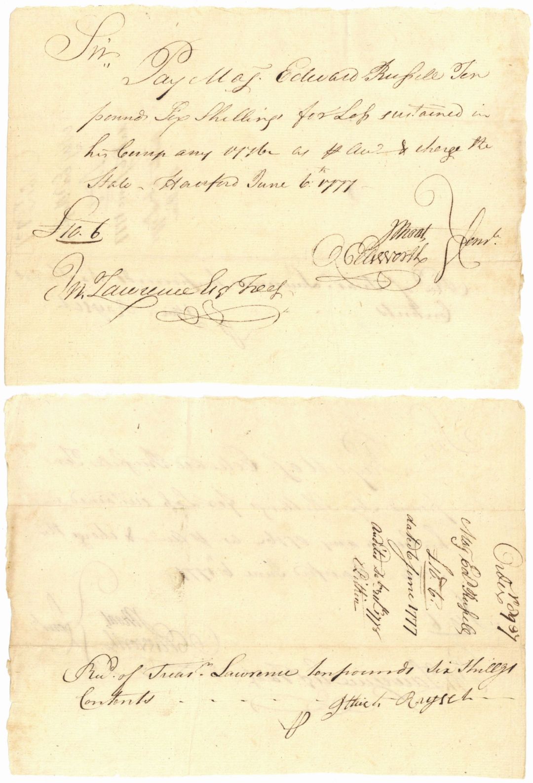1777 dated Oliver Ellsworth and Jesse Root signed Revolutionary War Pay Order - Connecticut Autograph Document