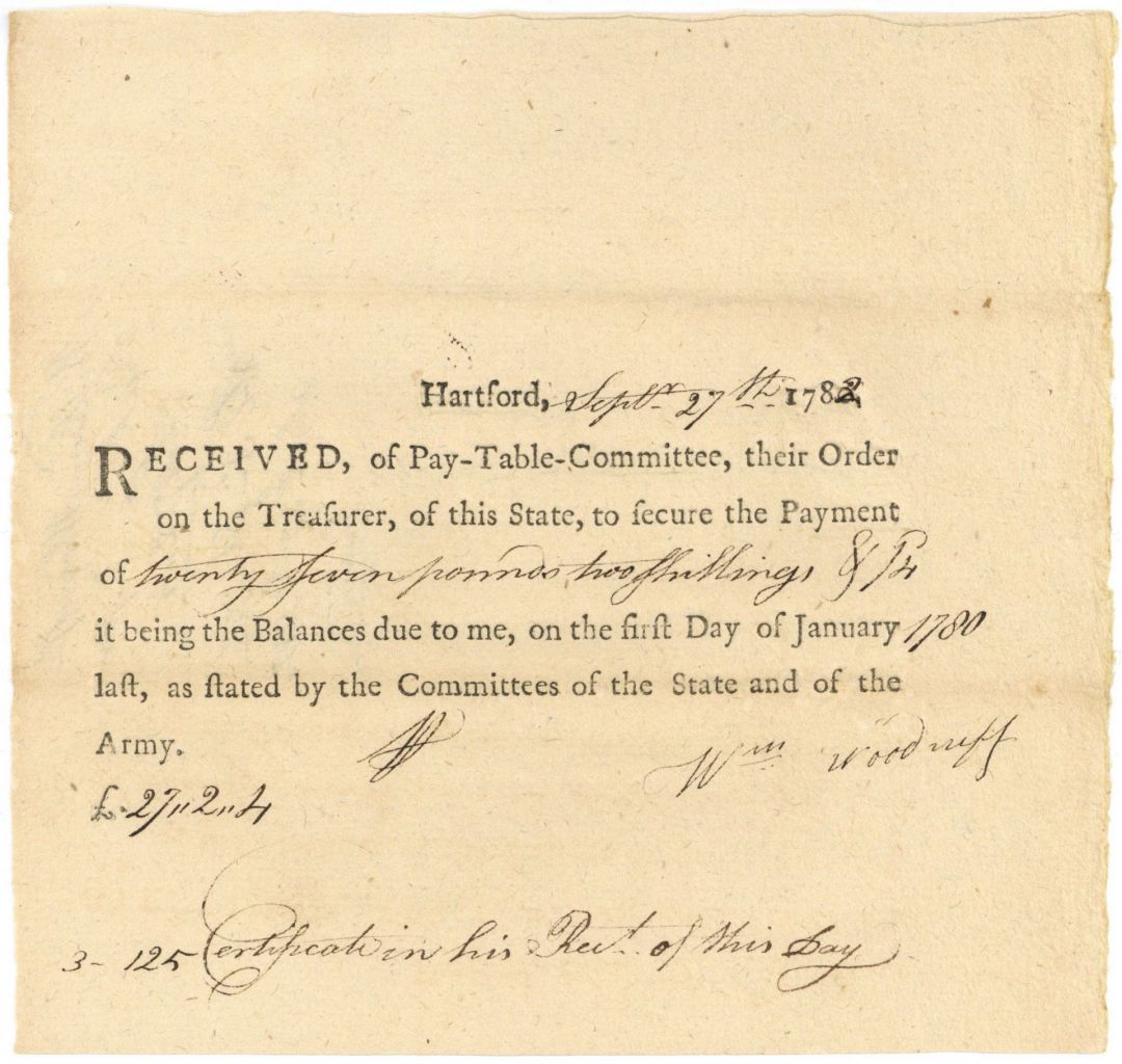 1780's dated Pay Order - Connecticut Revolutionary War Bonds