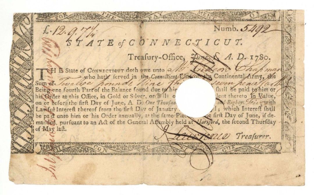 Connecticut Line Note Signed by Revolutionary War Soldier - 1780 dated Connecticut Revolutionary War Bonds, etc.