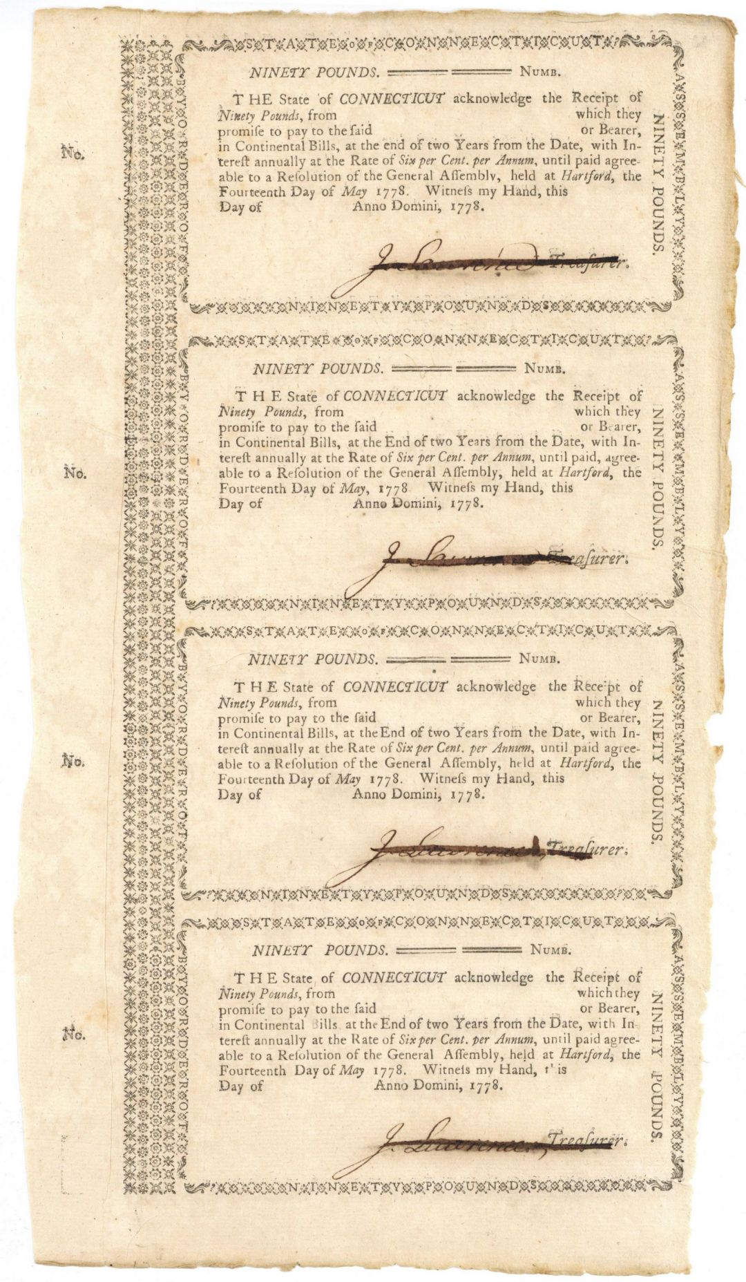 1778 dated Uncut Sheet of 4 Connecticut Receipts 90, 50 or 30 Pound Denominated - State of Connecticut - For Continental Currency Bills