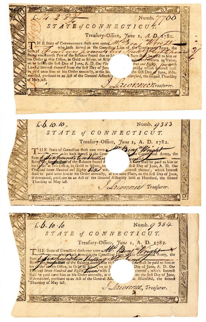 Pair of Sequential Connecticut Line Notes Plus Single - Connecticut - American Revolutionary War