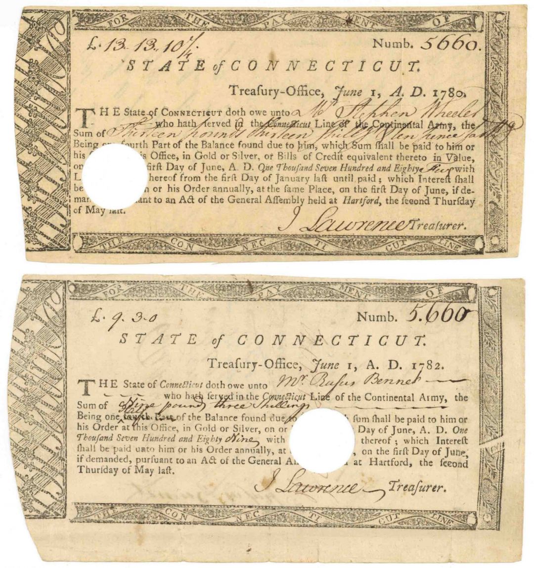 Pair of Matching Serial Number Connecticut Line Notes - Connecticut - American Revolutionary War - Very Rare to Find