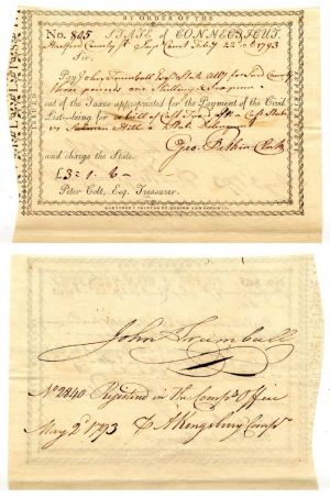 May 2, 1793 dated Pay Order signed by John Trumbull - Artist known as Painter of the Revolution - American Revolution
