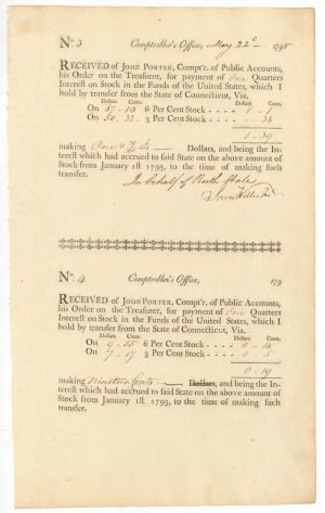 1790's dated Uncut Pair of Receipts - Connecticut - American Revolutionary War Receipt of Interest