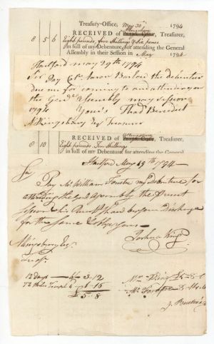 1794 dated Uncut Sheet of 6 Receipts with attached documents - Connecticut Revolutionary War