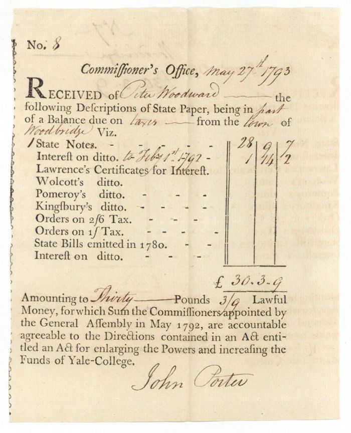 1790's dated Receipt of State Paper - Connecticut - American Revolutionary War Receipt
