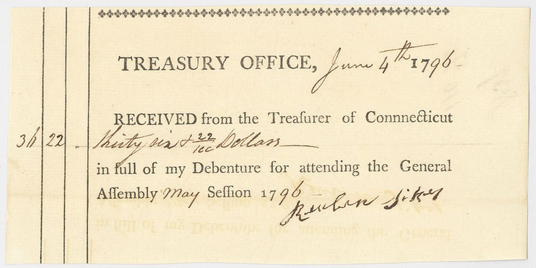 1790's Receipt from Treasurer of Connecticut - Connecticut - American Revolutionary War