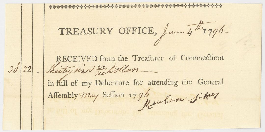 1790's dated Receipt from Treasurer of Connecticut - Connecticut - American Revolutionary War