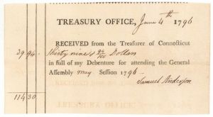 1790's Receipt from Treasurer of Connecticut - Connecticut Revolutionary War Bonds