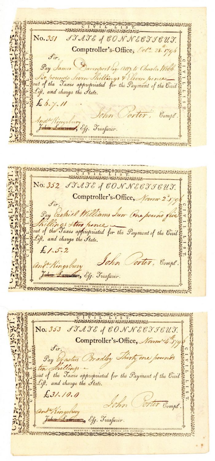 3 Pay Orders Signed by Kingsbury and Porter - Connecticut Revolutionary War Bonds