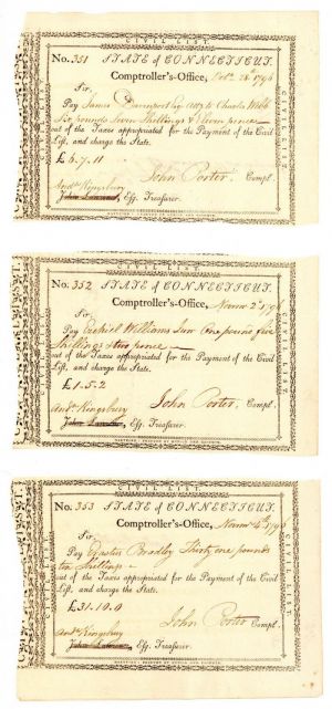 3 Pay Orders Signed by Kingsbury and Porter - Connecticut Revolutionary War Bonds