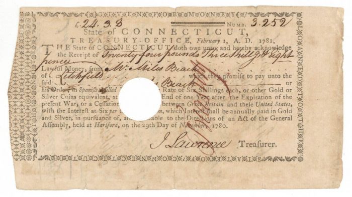 Receipt paid in Gold or Silver - Connecticut Revolutionary War Bonds