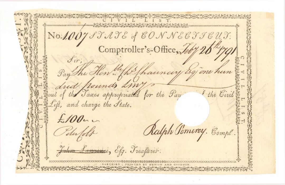 Pay Order signed by Peter Colt and Ralph Pomeroy - 1789-1791 dated Connecticut Revolutionary War Bonds
