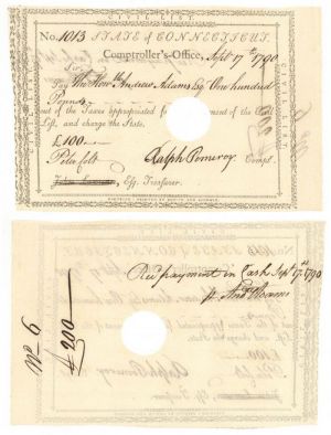 Pay Order Issued to Andrew Adams and signed by Peter Colt and Ralph Pomeroy - Connecticut Revolutionary War Bonds