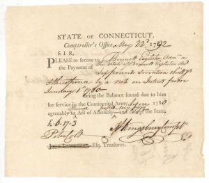 Pay Order Signed by Andrew Kingsbury and Peter Colt - Connecticut Revolutionary War Bonds
