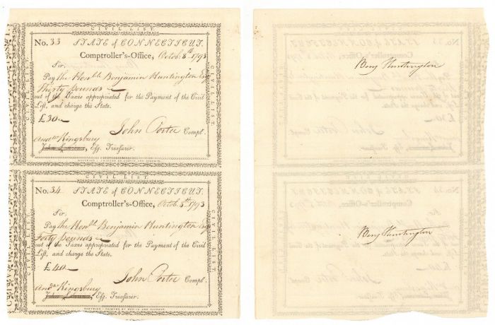 Pair of Pay Orders Issued to Benjamin Huntington and Signed by him and Andrew Kingsbury and John Porter - Connecticut Revolutionary War Bonds