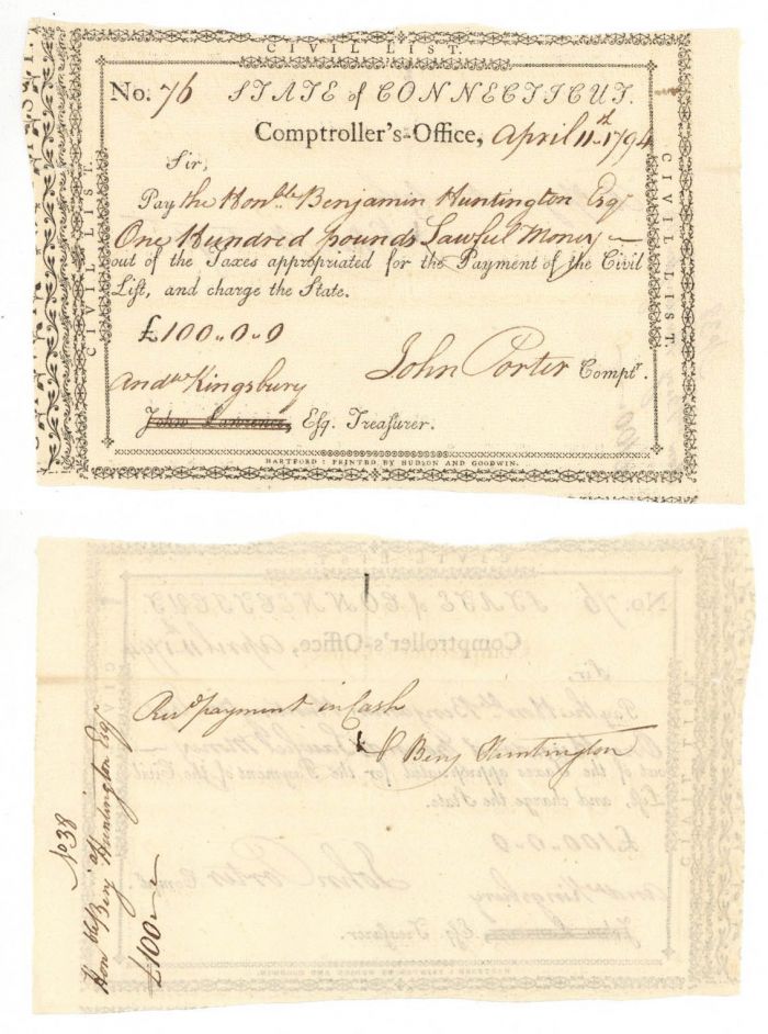 Pay Order Issued to Benjamin Huntington and Signed by him and Andrew Kingsbury and John Porter - Connecticut Revolutionary War Bonds