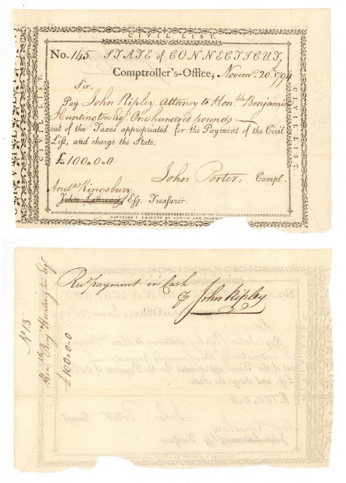 Pay Order Issued to Benjamin Huntington and Signed by him and Andrew Kingsbury and John Porter - Connecticut Revolutionary War Bonds