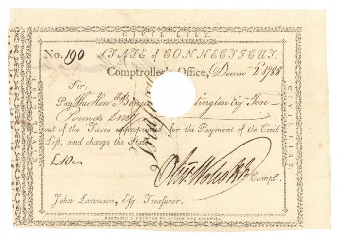 Pay Order Issued to Benjamin Huntington and Signed by Oliver Wolcott Jr. - Connecticut Revolutionary War Bonds