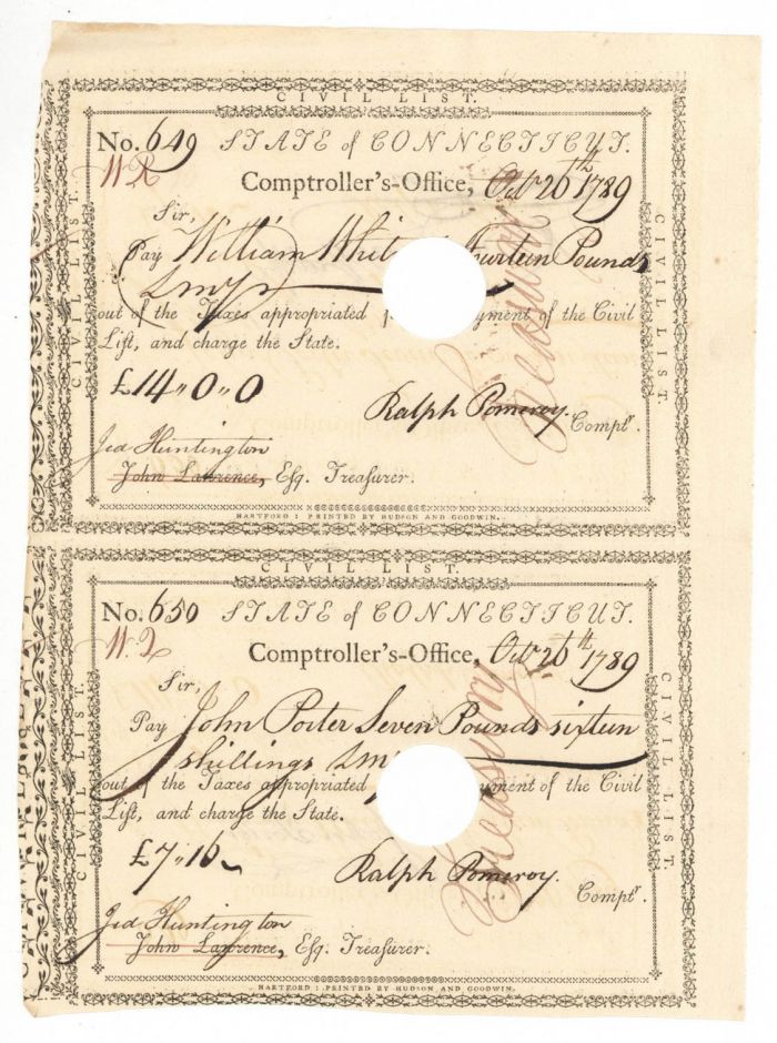 Pair of Pay Orders Signed by Jed Huntington and Ralph Pomeroy - Connecticut Revolutionary War Bonds
