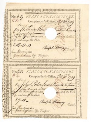 Pair of Pay Orders Signed by Jed Huntington and Ralph Pomeroy - Connecticut Revolutionary War Bonds