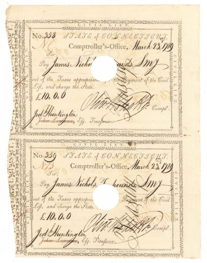 Pair of Pay Orders Signed by Jed Huntington and Oliver Wolcott Jr. - Connecticut Revolutionary War Bonds