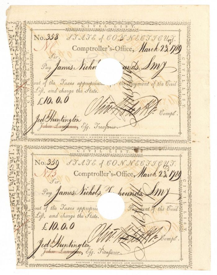 Pair of Pay Orders Signed by Jed Huntington and Oliver Wolcott Jr. - 1789 dated Connecticut Revolutionary War Bonds