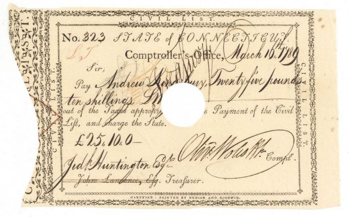 1789 dated Pay Order Issued to Andrew Kingsbury and signed by Jed Huntington and Oliver Wolcott Jr. - Connecticut Revolutionary War Bonds