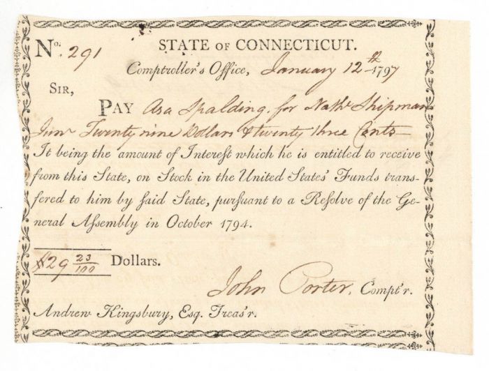 1790's Pay Order Signed by John Porter - Connecticut - American Revolutionary War