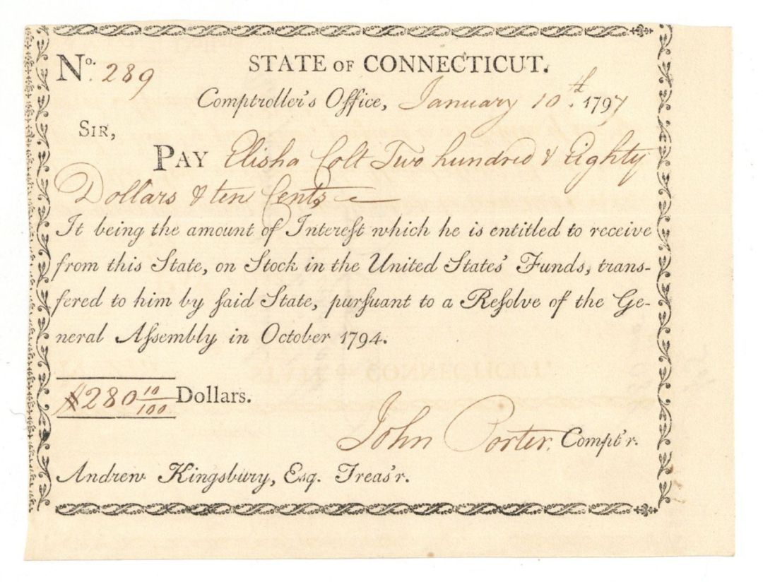 1797 or 1798 Pay Order Signed by John Porter - Connecticut - American Revolutionary War