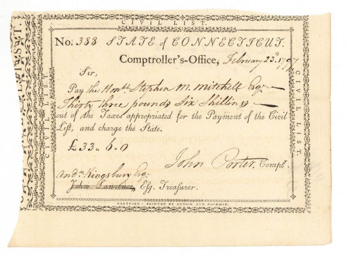 1790's dated Pay Order Signed by Andrew Kingsbury & John Porter - Connecticut - American Revolutionary War